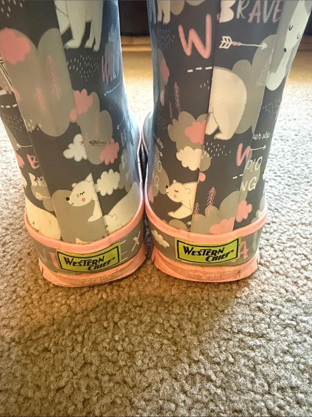 Western Chief Grey and Pink Kids Waterproof Rain Boots with Animal Motif